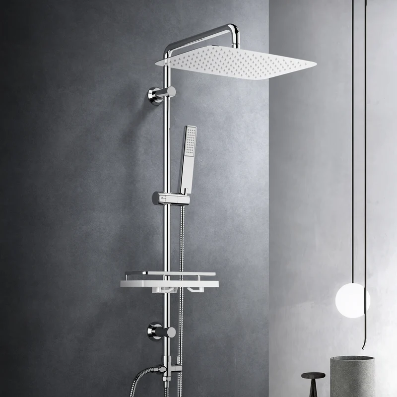 JOHO Regendusche Duschsystem 92 CM mit Ablage Kopfbrause rechteckig 35x25 CM Chrom