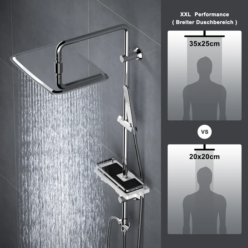 JOHO Regendusche Duschsystem 92 CM mit Ablage Kopfbrause rechteckig 35x25 CM Chrom