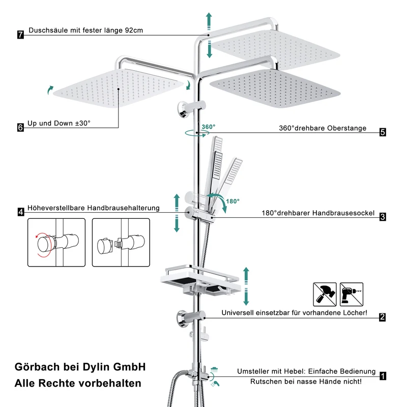 JOHO Regendusche Duschsystem 92 CM mit Ablage Kopfbrause rechteckig 35x25 CM Chrom