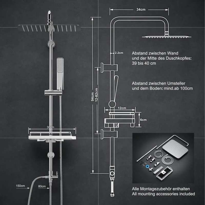 JOHO Regendusche Duschsystem 92 CM mit Ablage Kopfbrause rechteckig 35x25 CM Chrom