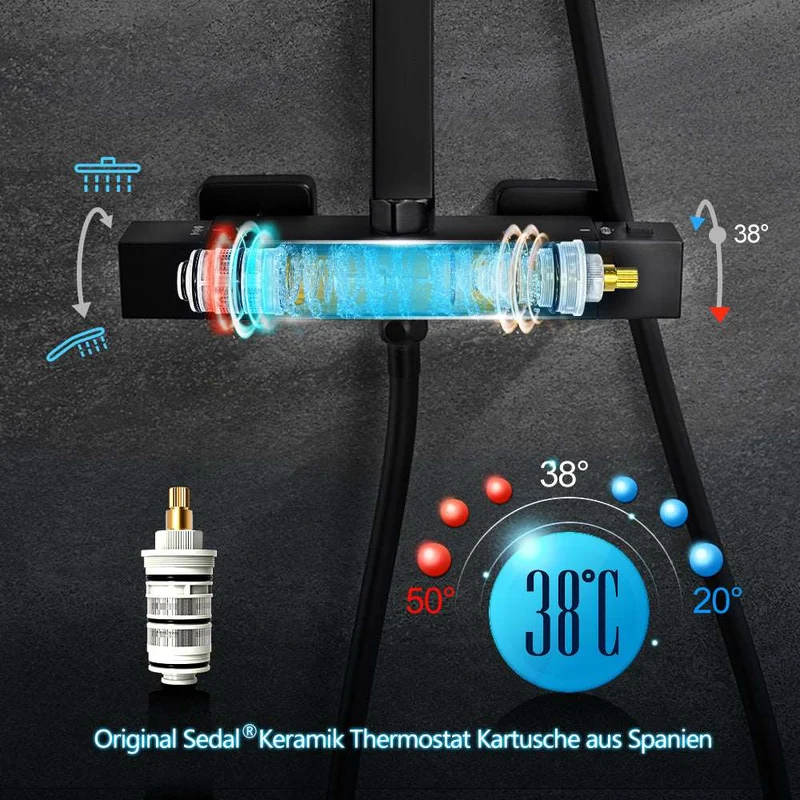 JOHO Thermostat Duschsystem Duschset matt schwarz Eckstange (XXL Kopfbrause 30x30cm)