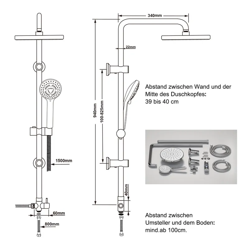 JOHO Regendusche Duschsystem ohne Duscharmatur, Edelstahl Duschset mit ABS Regenduschkopf Rund D20cm Chrom