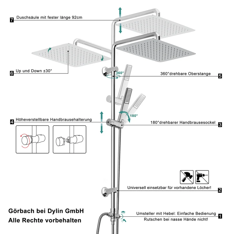 JOHO Edelstahl Duschsystem Duschset mit 92CM Duschstange Kopfbrause Eckig 35x25cm