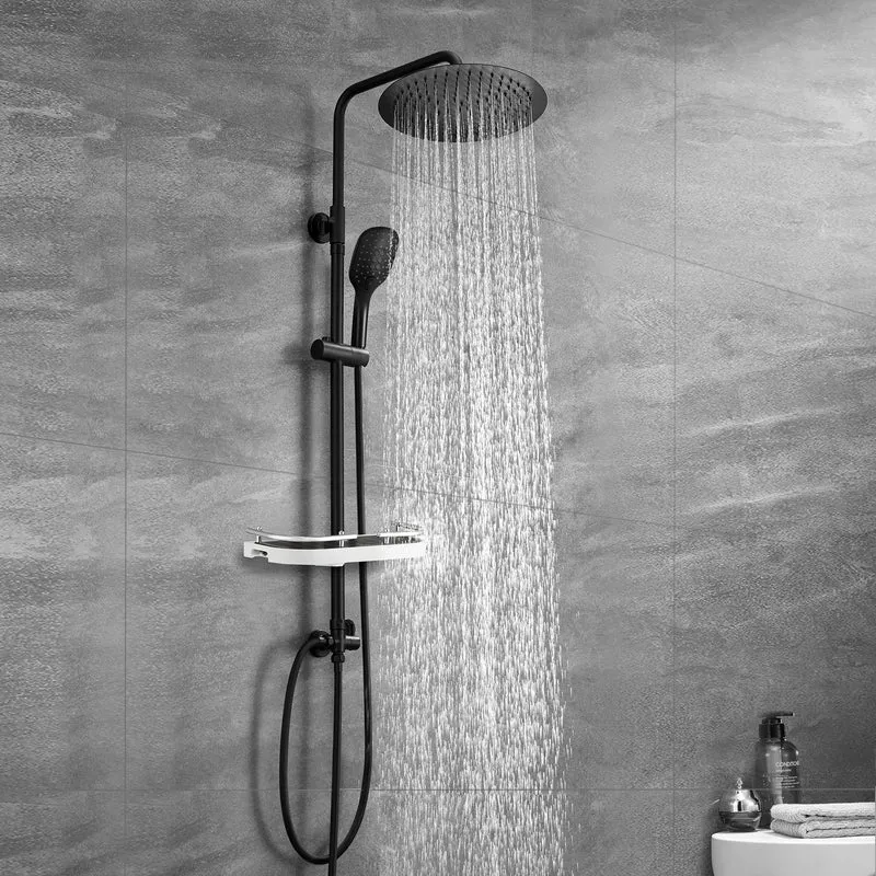 JOHO Duschsystem Matt Schwarz mit Ablage, Duschset ohne Duscharmatur mit Rund Regendusche Handbrause