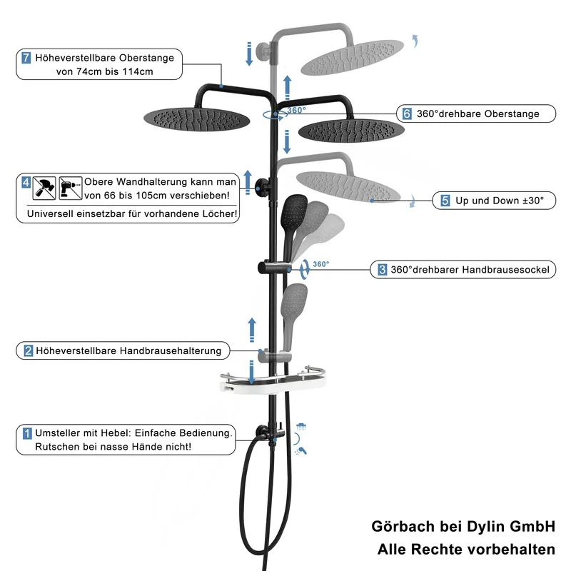 JOHO Duschsystem Matt Schwarz mit Ablage, Duschset ohne Duscharmatur mit Rund Regendusche Handbrause