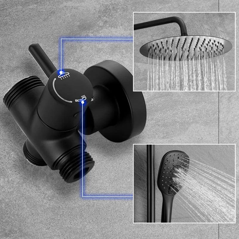 JOHO Duschsystem Matt Schwarz mit Ablage, Duschset ohne Duscharmatur mit Rund Regendusche Handbrause