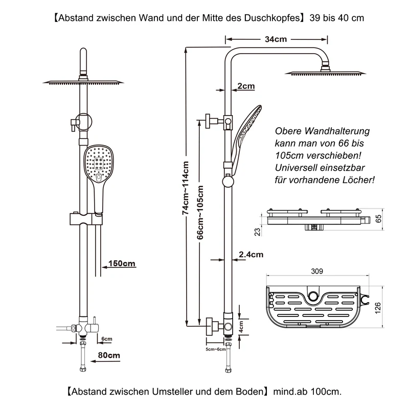 JOHO Duschsystem Matt Schwarz mit Ablage, Duschset ohne Duscharmatur mit Rund Regendusche Handbrause