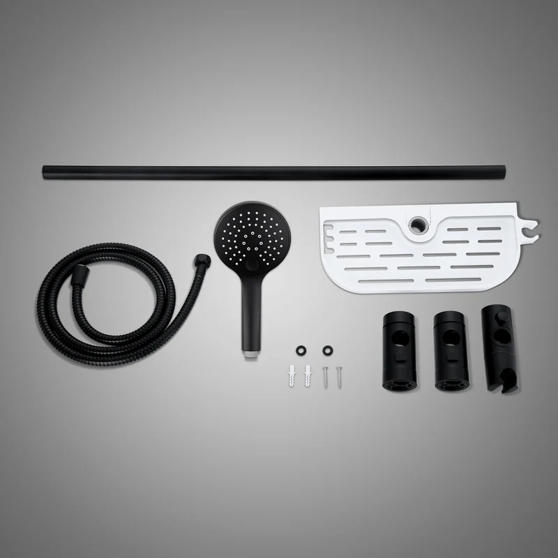 JOHO Duschset Rail Shower kit Rund Handbrause Duschstangeset mit Ablage schwarz