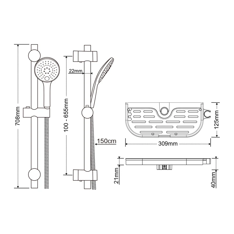 JOHO Duschset Rail Shower kit Rund Handbrause Duschstangeset mit Ablage Chrom