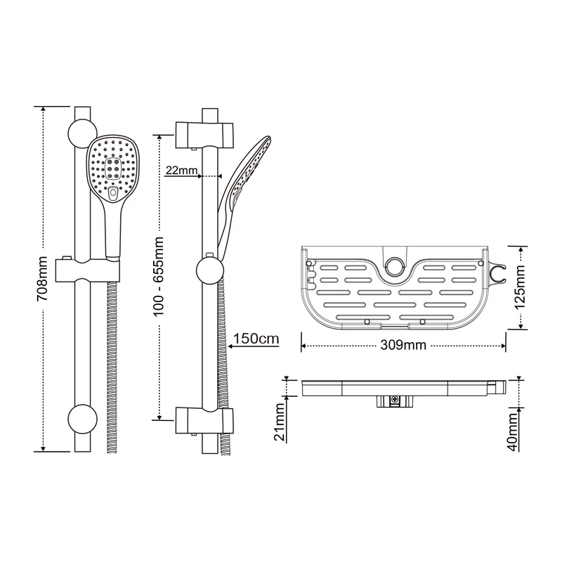 JOHO Duschset Rail Shower kit Der Duschkopf mit hohem Preis-Leistungs-Verhältnis Handbrause Duschstangeset mit Ablage Chrom