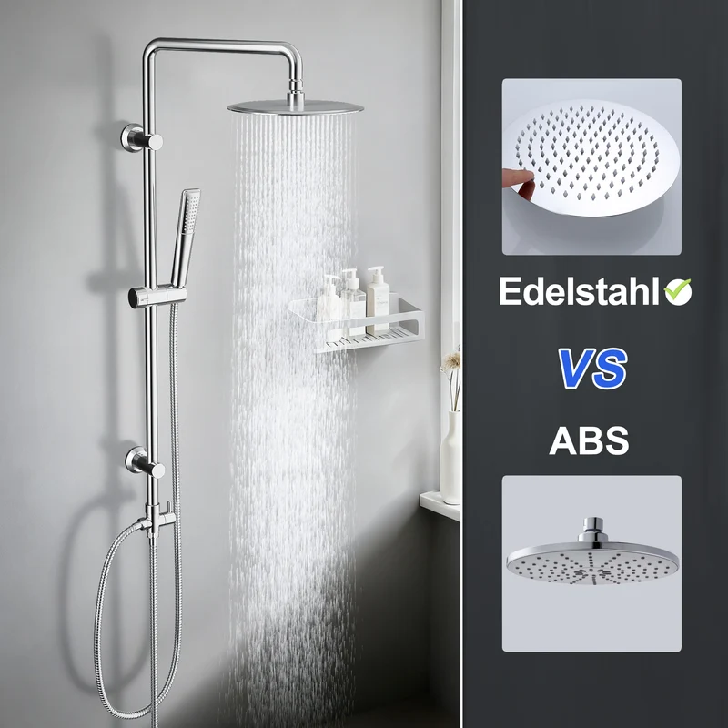 JOHO Edelstahl Duschsystem Duschset Überkopfbrauseset mit 92CM Duschstange Rund