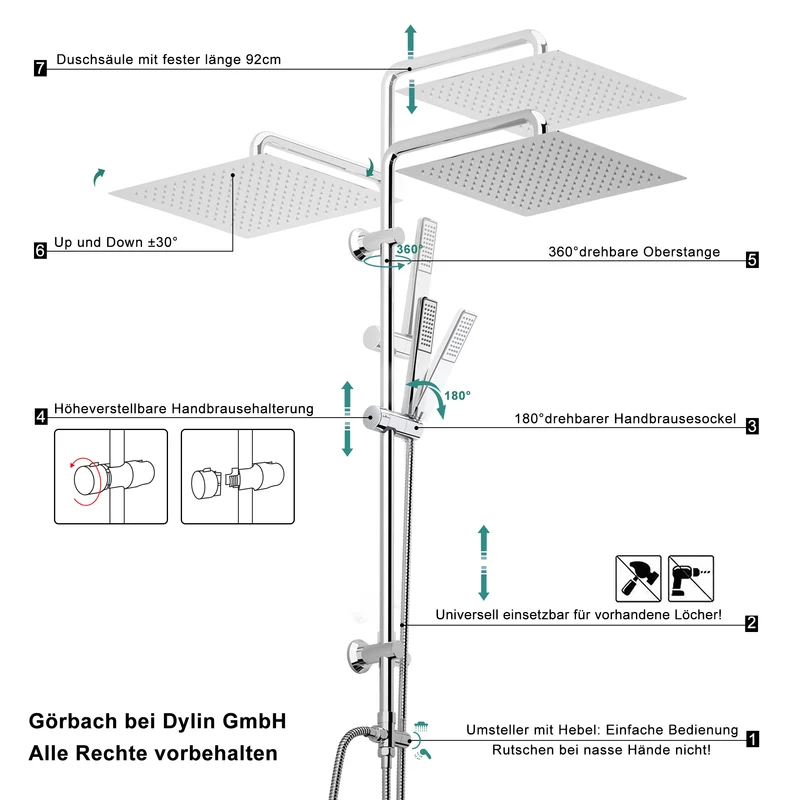 JOHO Edelstahl Duschsystem Duschset Überkopfbrauseset mit 92CM Duschstange Eckig