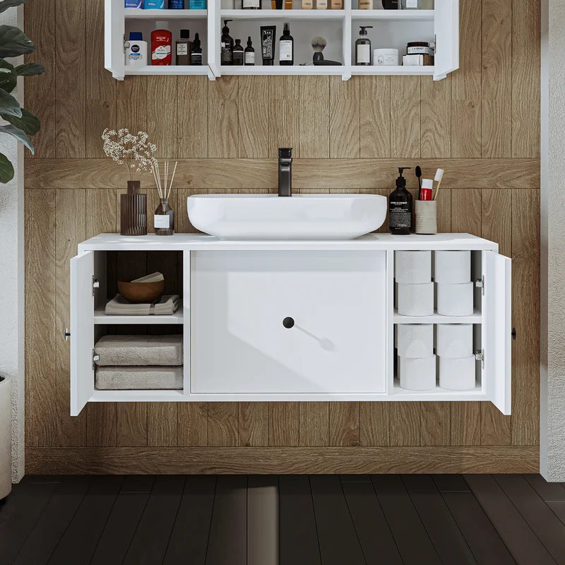 Roomart Badmöbel GUSTO, 120 cm, mit Aufsatzbecken, Schublade und 2 Türen, in 2 Farben