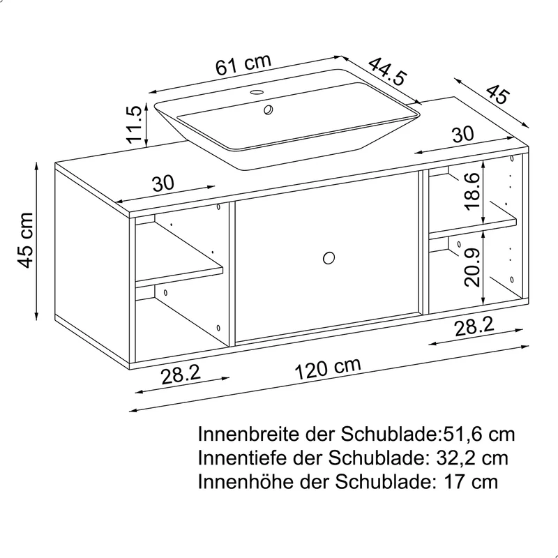 Roomart Badmöbel GUSTO-ATL, 120 cm, mit eckigem Aufsatzbecken, in 2 Farben