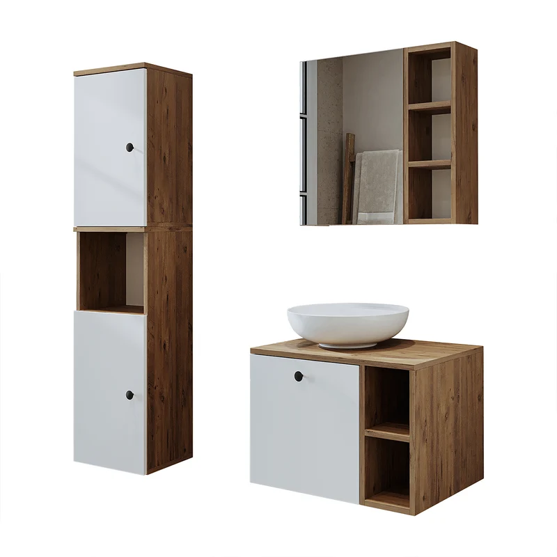 Roomart 4-teiliges Badmöbel-Set LOTUS, 65 cm, mit rundem Aufsatzbecken und Hochschrank, in 3 Farben