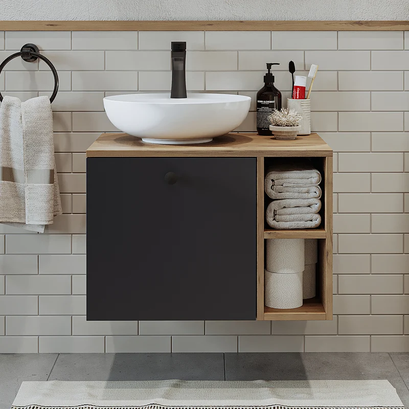 Roomart 4-teiliges Badmöbel-Set LOTUS, 65 cm, mit rundem Aufsatzbecken und Hochschrank, in 3 Farben