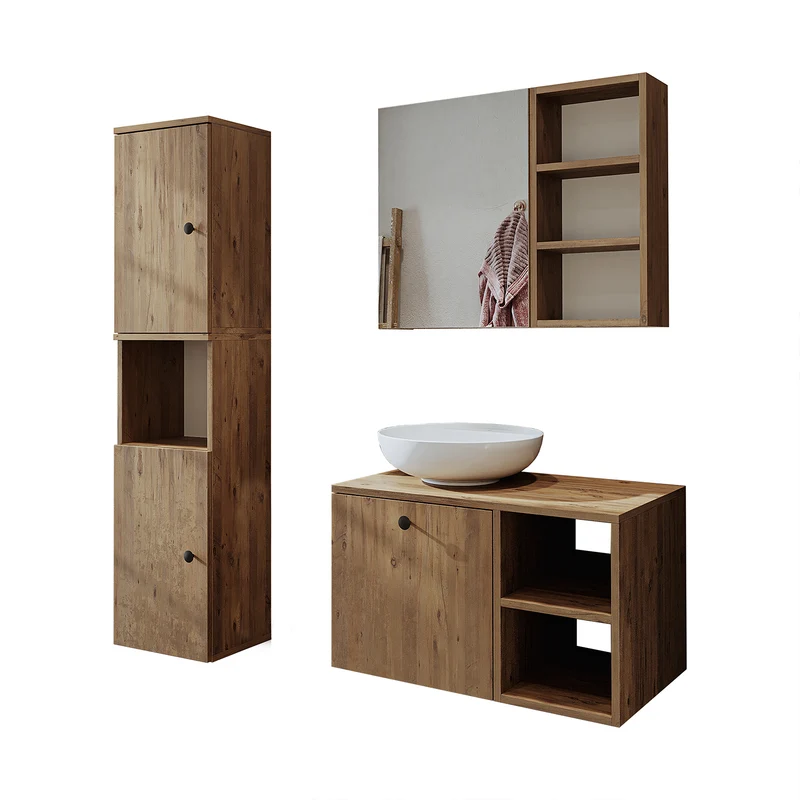 Roomart 4-teiliges Badmöbel-Set LOTUS, 75 cm, mit rundem Aufsatzbecken und Hochschrank, in 3 Farben