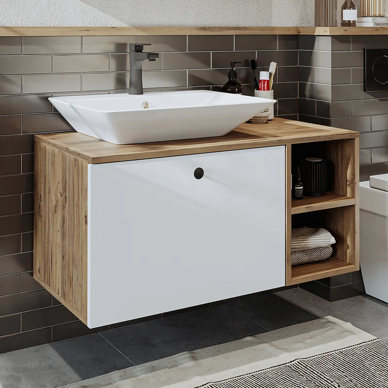 Roomart Badmöbel Set LOTUS 95 cm – 4-teiliges Badezimmermöbel mit Keramik-Waschbecken, Spiegelschrank & Hochschrank – Modernes Design