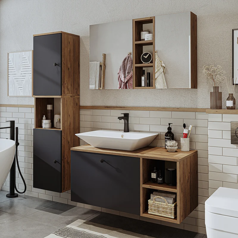 Roomart Badmöbel Set LOTUS 95 cm – 4-teiliges Badezimmermöbel mit Keramik-Waschbecken, Spiegelschrank & Hochschrank – Modernes Design