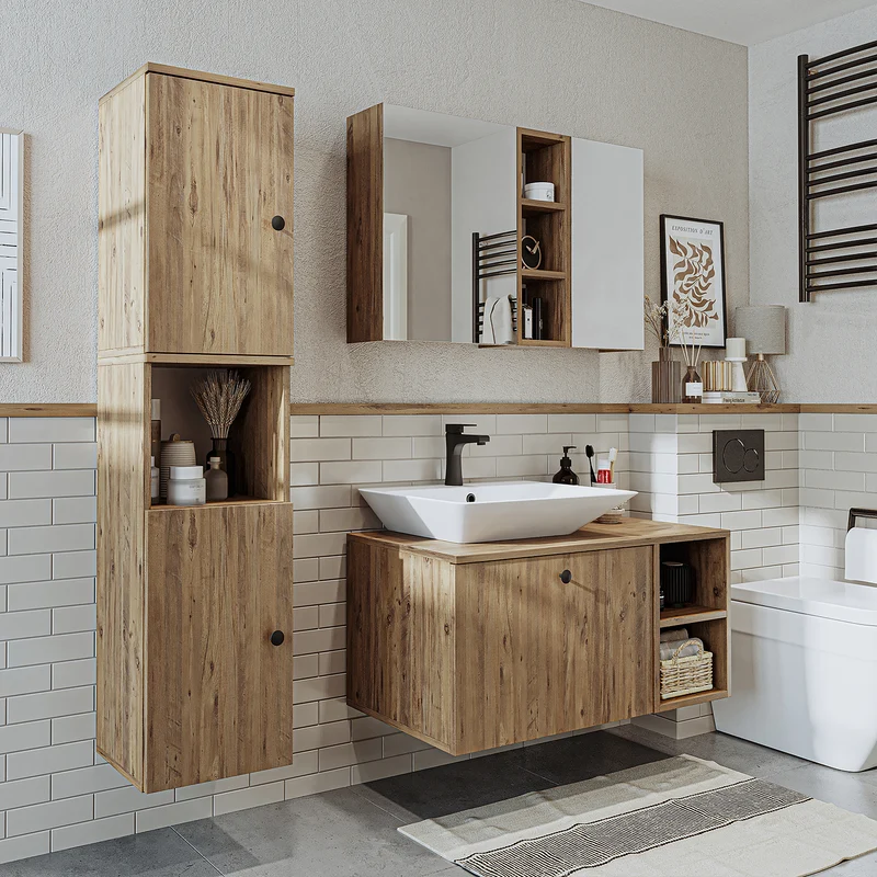 Roomart Badmöbel Set LOTUS 95 cm – 4-teiliges Badezimmermöbel mit Keramik-Waschbecken, Spiegelschrank & Hochschrank – Modernes Design