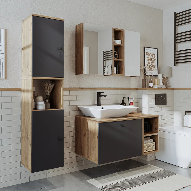 Roomart Badmöbel Set LOTUS 95 cm – 4-teiliges Badezimmermöbel mit Keramik-Waschbecken, Spiegelschrank & Hochschrank – Modernes Design