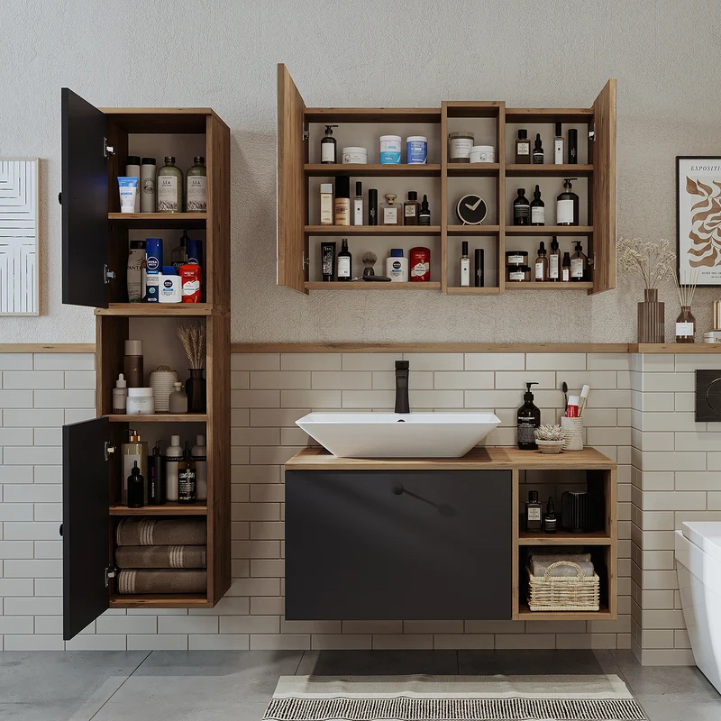 Roomart Badmöbel Set LOTUS 95 cm – 4-teiliges Badezimmermöbel mit Keramik-Waschbecken, Spiegelschrank & Hochschrank – Modernes Design