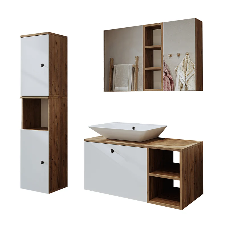 Roomart Badmöbel Set LOTUS 95 cm – 4-teiliges Badezimmermöbel mit Keramik-Waschbecken, Spiegelschrank & Hochschrank – Modernes Design
