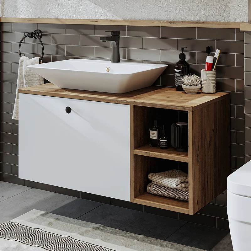 Roomart Badmöbel Set LOTUS 95 cm – 4-teiliges Badezimmermöbel mit Keramik-Waschbecken, Spiegelschrank & Hochschrank – Modernes Design