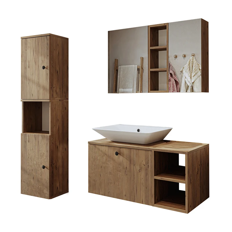 Roomart Badmöbel Set LOTUS 95 cm – 4-teiliges Badezimmermöbel mit Keramik-Waschbecken, Spiegelschrank & Hochschrank – Modernes Design