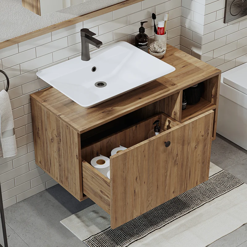 Roomart Badmöbel Set LOTUS 95 cm – 4-teiliges Badezimmermöbel mit Keramik-Waschbecken, Spiegelschrank & Hochschrank – Modernes Design