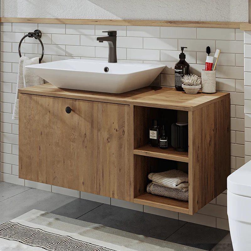 Roomart Badmöbel Set LOTUS 95 cm – 4-teiliges Badezimmermöbel mit Keramik-Waschbecken, Spiegelschrank & Hochschrank – Modernes Design