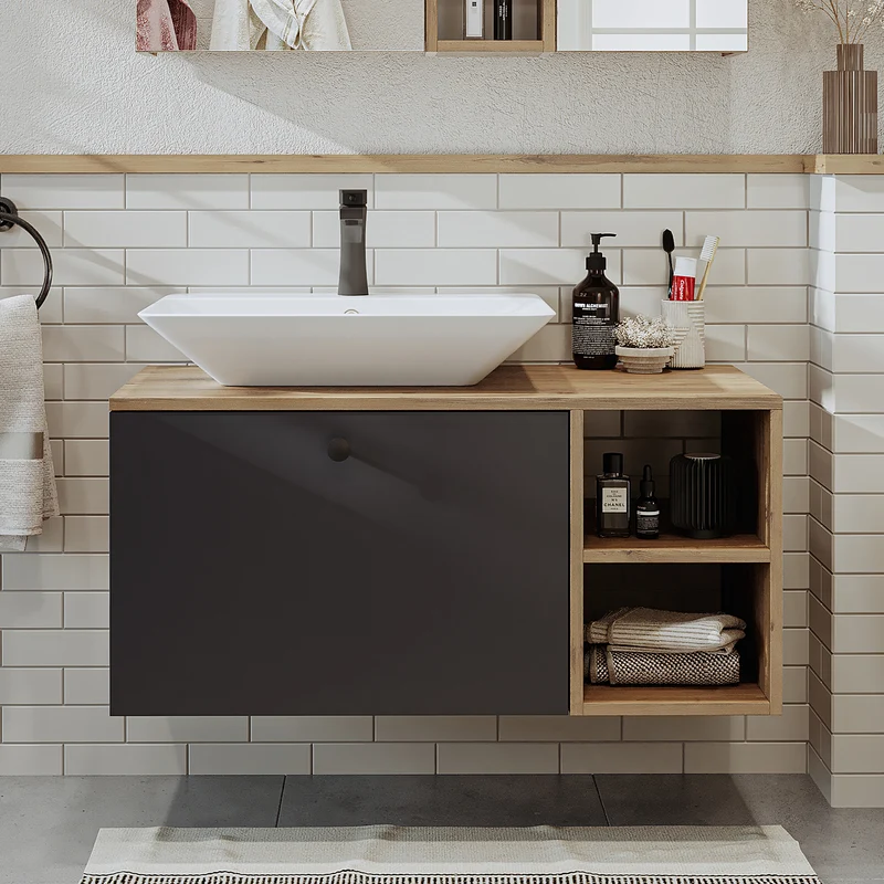 Roomart Badmöbel Set LOTUS 95 cm – 4-teiliges Badezimmermöbel mit Keramik-Waschbecken, Spiegelschrank & Hochschrank – Modernes Design