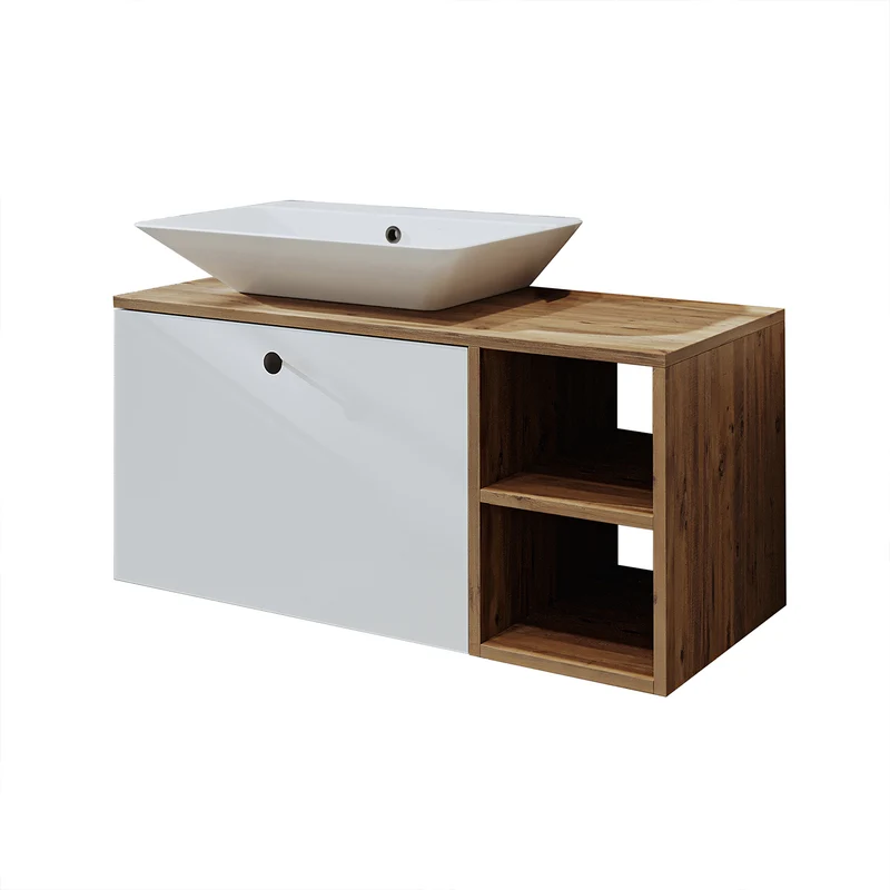 Roomart Badmöbel Set LOTUS 95 cm – 4-teiliges Badezimmermöbel mit Keramik-Waschbecken, Spiegelschrank & Hochschrank – Modernes Design