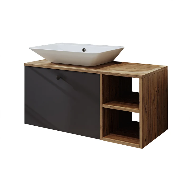 Roomart Badmöbel Set LOTUS 95 cm – 4-teiliges Badezimmermöbel mit Keramik-Waschbecken, Spiegelschrank & Hochschrank – Modernes Design