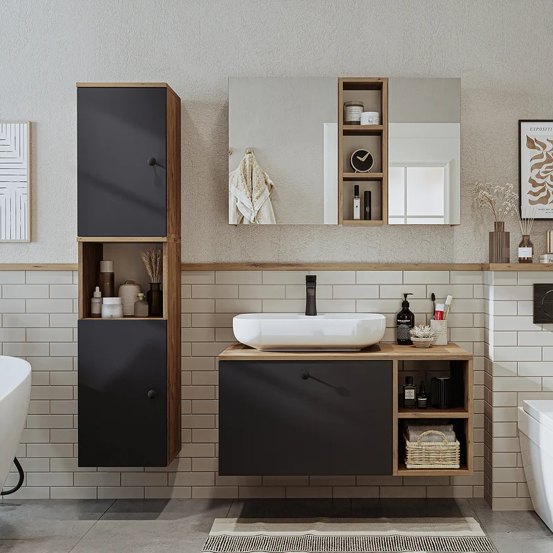 Roomart 4-teiliges Badmöbel-Set LOTUS, 95 cm, mit ovalem Aufsatzbecken und Hochschrank, in 3 Farben