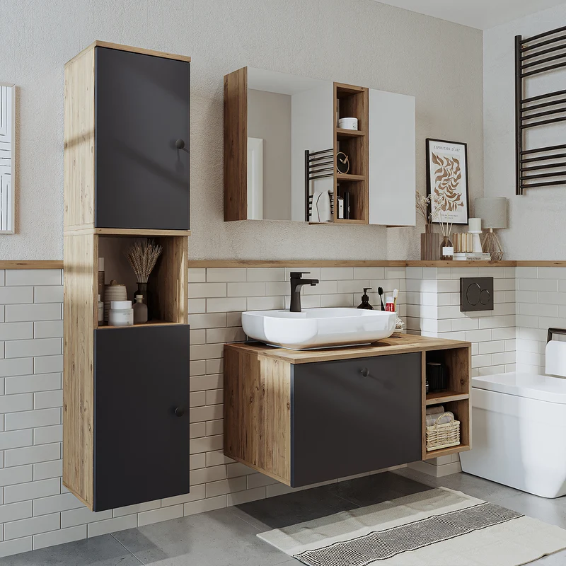 Roomart 4-teiliges Badmöbel-Set LOTUS, 95 cm, mit ovalem Aufsatzbecken und Hochschrank, in 3 Farben