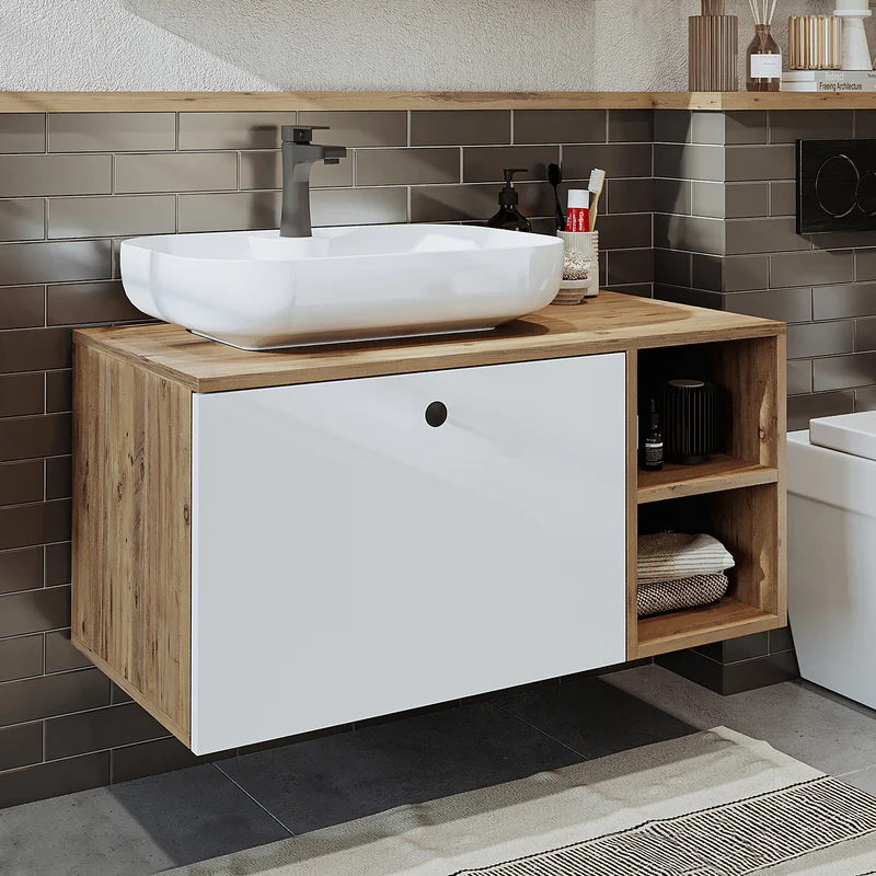 Roomart 4-teiliges Badmöbel-Set LOTUS, 95 cm, mit ovalem Aufsatzbecken und Hochschrank, in 3 Farben