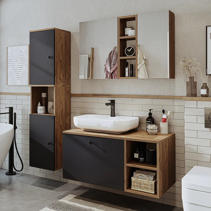 Roomart 4-teiliges Badmöbel-Set LOTUS, 95 cm, mit ovalem Aufsatzbecken und Hochschrank, in 3 Farben
