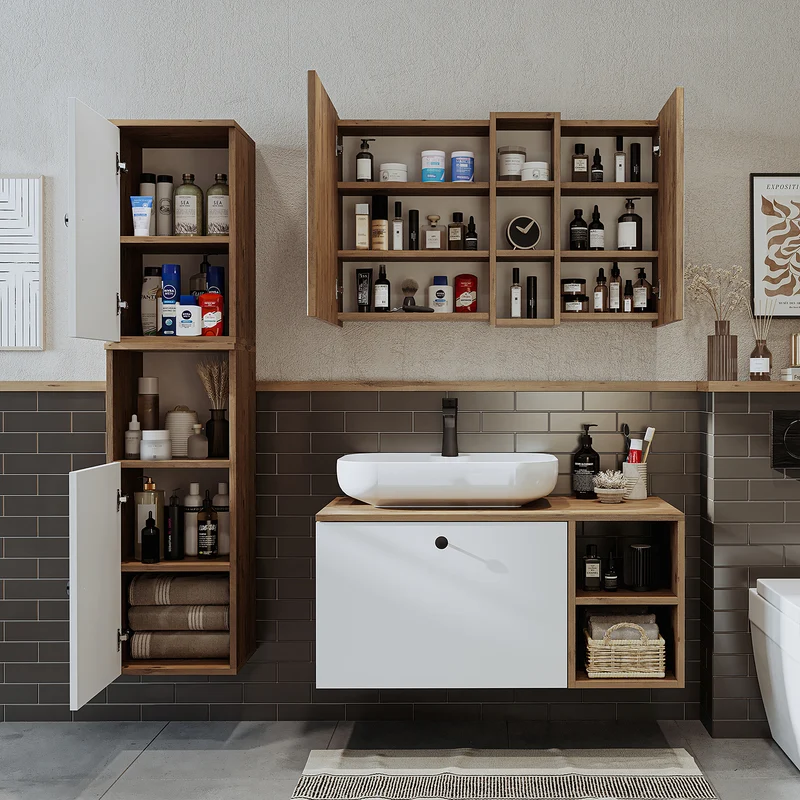 Roomart 4-teiliges Badmöbel-Set LOTUS, 95 cm, mit ovalem Aufsatzbecken und Hochschrank, in 3 Farben
