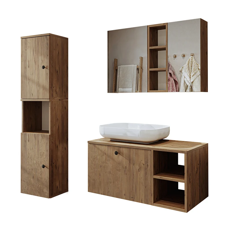 Roomart 4-teiliges Badmöbel-Set LOTUS, 95 cm, mit ovalem Aufsatzbecken und Hochschrank, in 3 Farben