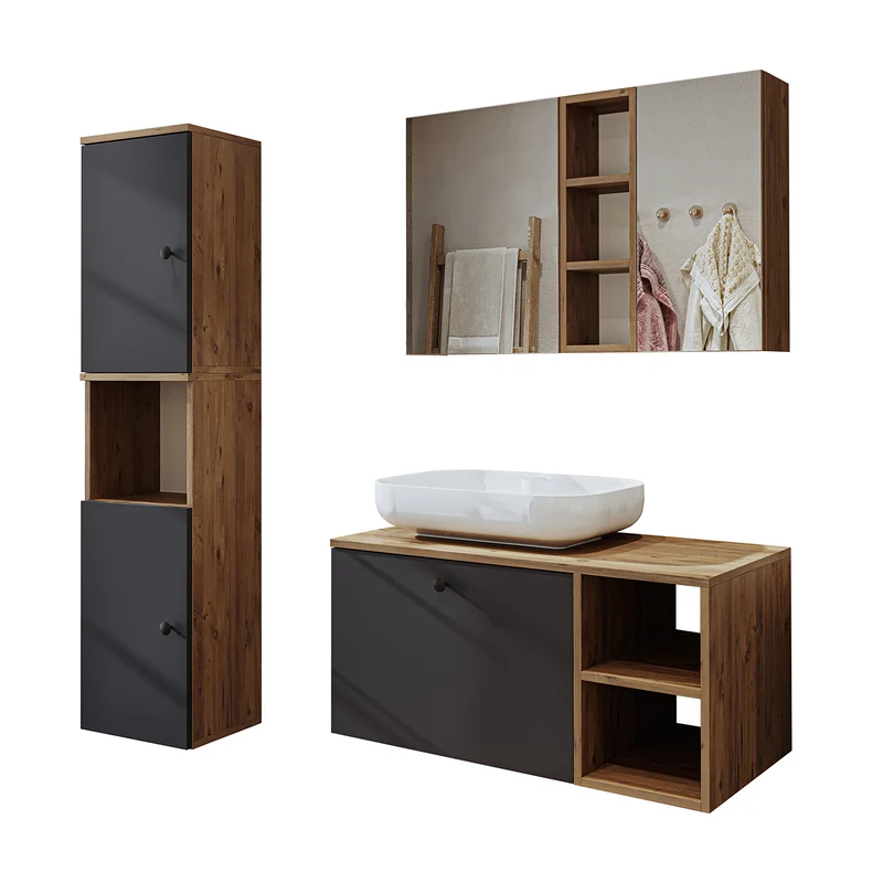 Roomart 4-teiliges Badmöbel-Set LOTUS, 95 cm, mit ovalem Aufsatzbecken und Hochschrank, in 3 Farben