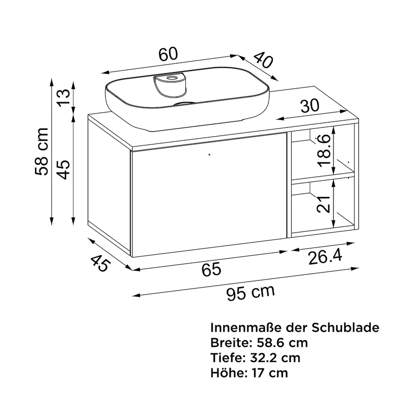 Roomart 4-teiliges Badmöbel-Set LOTUS, 95 cm, mit ovalem Aufsatzbecken und Hochschrank, in 3 Farben
