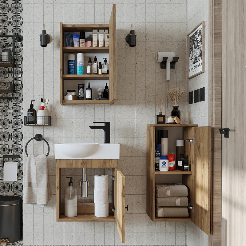 Roomart Badmöbel-Set PUNTO, 46 cm, schmales Gäste-WC-Set mit Spiegelschrank, in 4 Farben