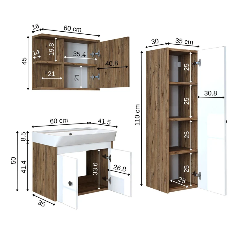 Roomart 4-teiliges Badmöbel-Set ADA, 60 cm, mit Waschbecken und Hochschrank, in 5 Farben
