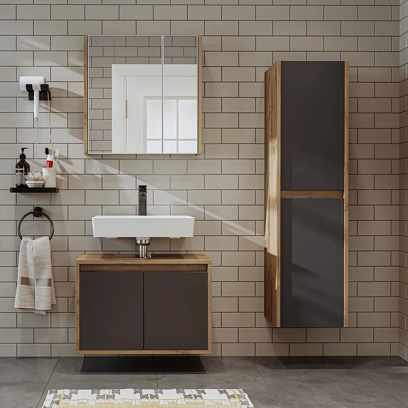 Roomart 3-teiliges Badmöbel-Set MELONA-S1, 65 cm, ohne Becken, mit Hochschrank, in 4 Farben