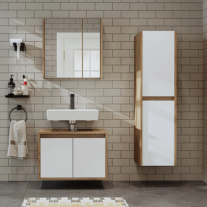 Roomart 3-teiliges Badmöbel-Set MELONA-S1, 65 cm, ohne Becken, mit Hochschrank, in 4 Farben