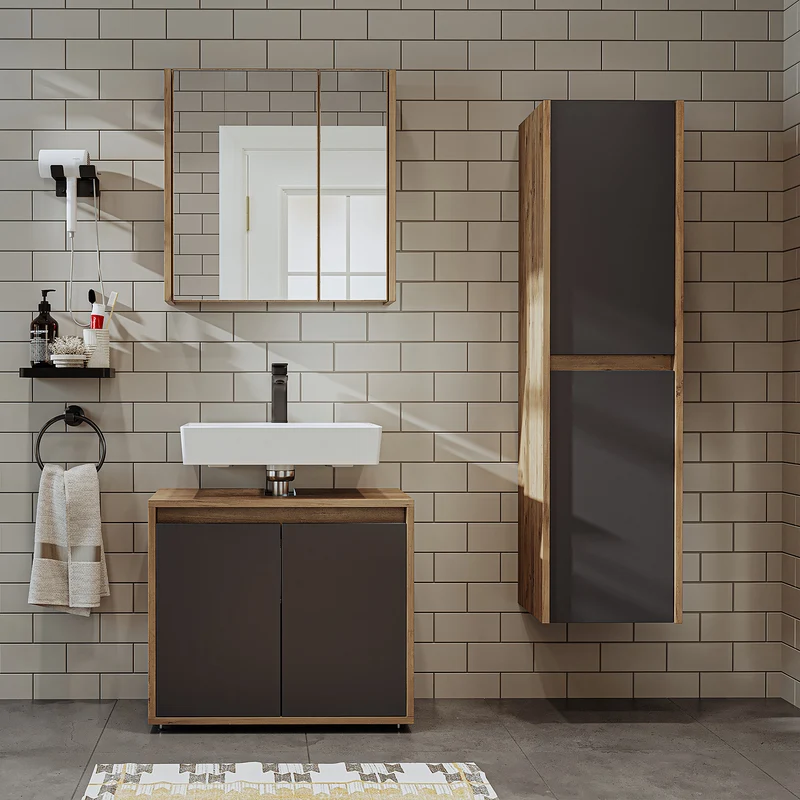 Roomart 3-teiliges Badmöbel-Set MELONA-S2, 65 cm, ohne Becken, mit Spiegel- und Hochschrank, in 4 Farben