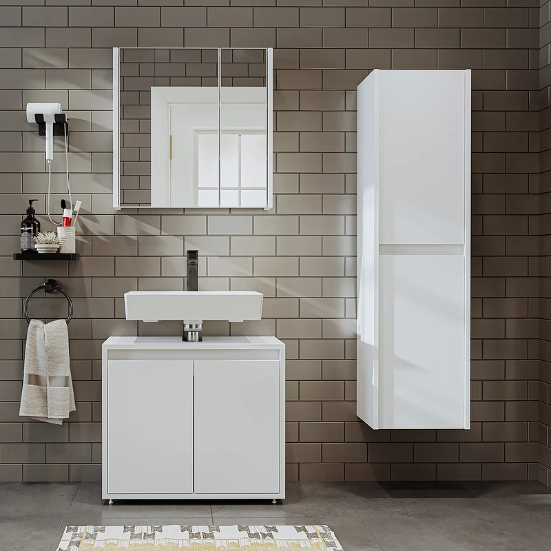 Roomart 3-teiliges Badmöbel-Set MELONA-S2, 65 cm, ohne Becken, mit Spiegel- und Hochschrank, in 4 Farben