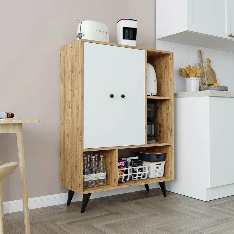 Roomart Highboard SIMON, 90 cm, Mehrzweckschrank mit Türen und offenen Fächern, in Weiß Eiche