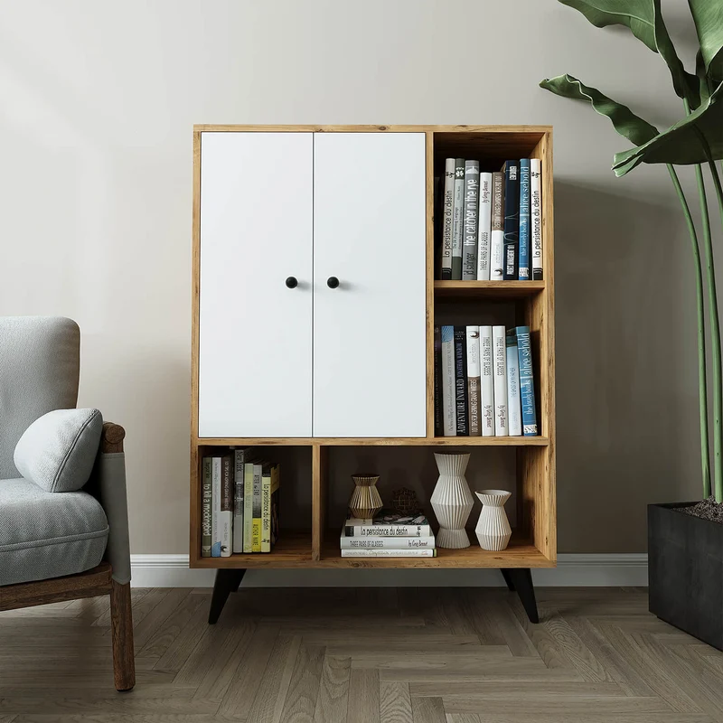 Roomart Highboard SIMON, 90 cm, Mehrzweckschrank mit Türen und offenen Fächern, in Weiß Eiche